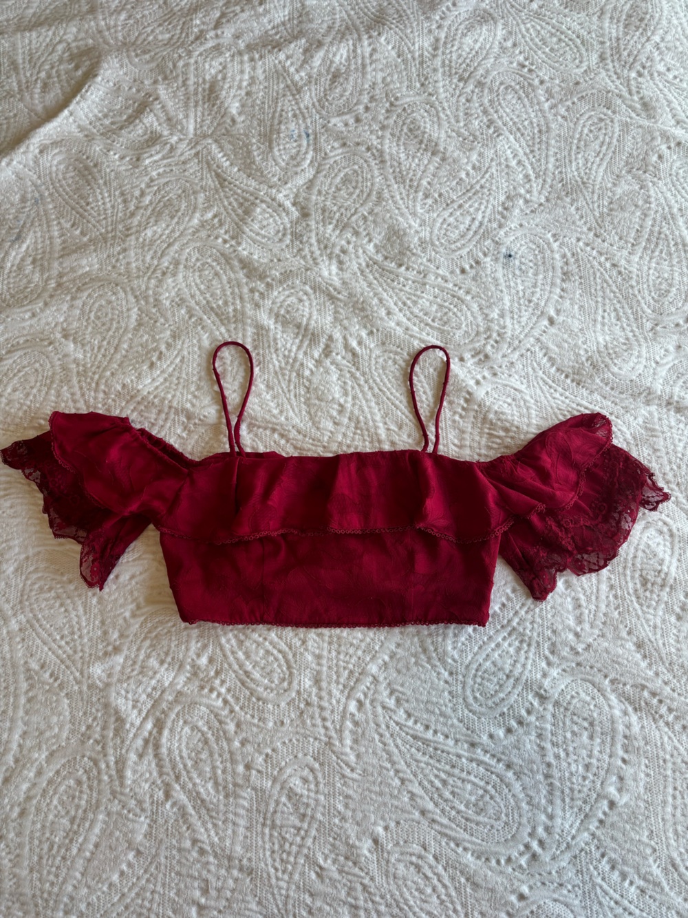 Free People Red Brocade and Lace Off The Shoulder Crop Top